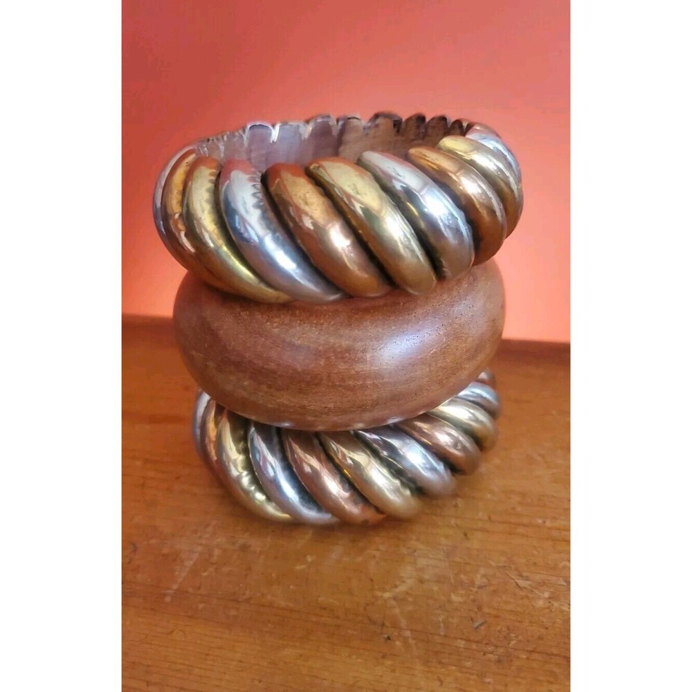 Vtg HardWood Copper Brass Mixed Metal Bangle Bracelet Tricolor Boho 3 Sizes Read